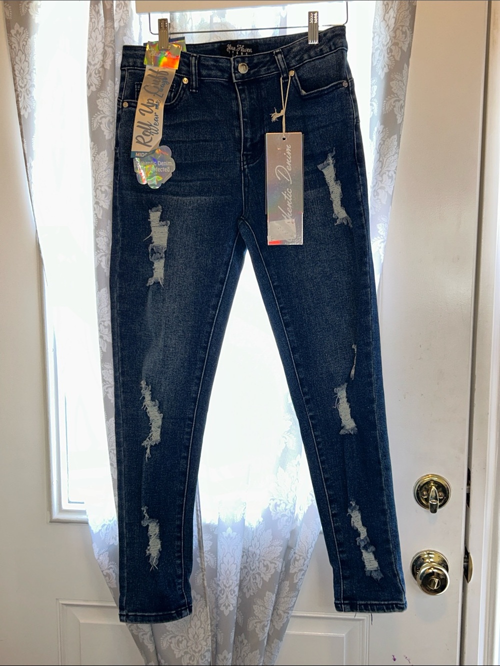 High-Rise Distressed Skinny Jeans - Dark Blue